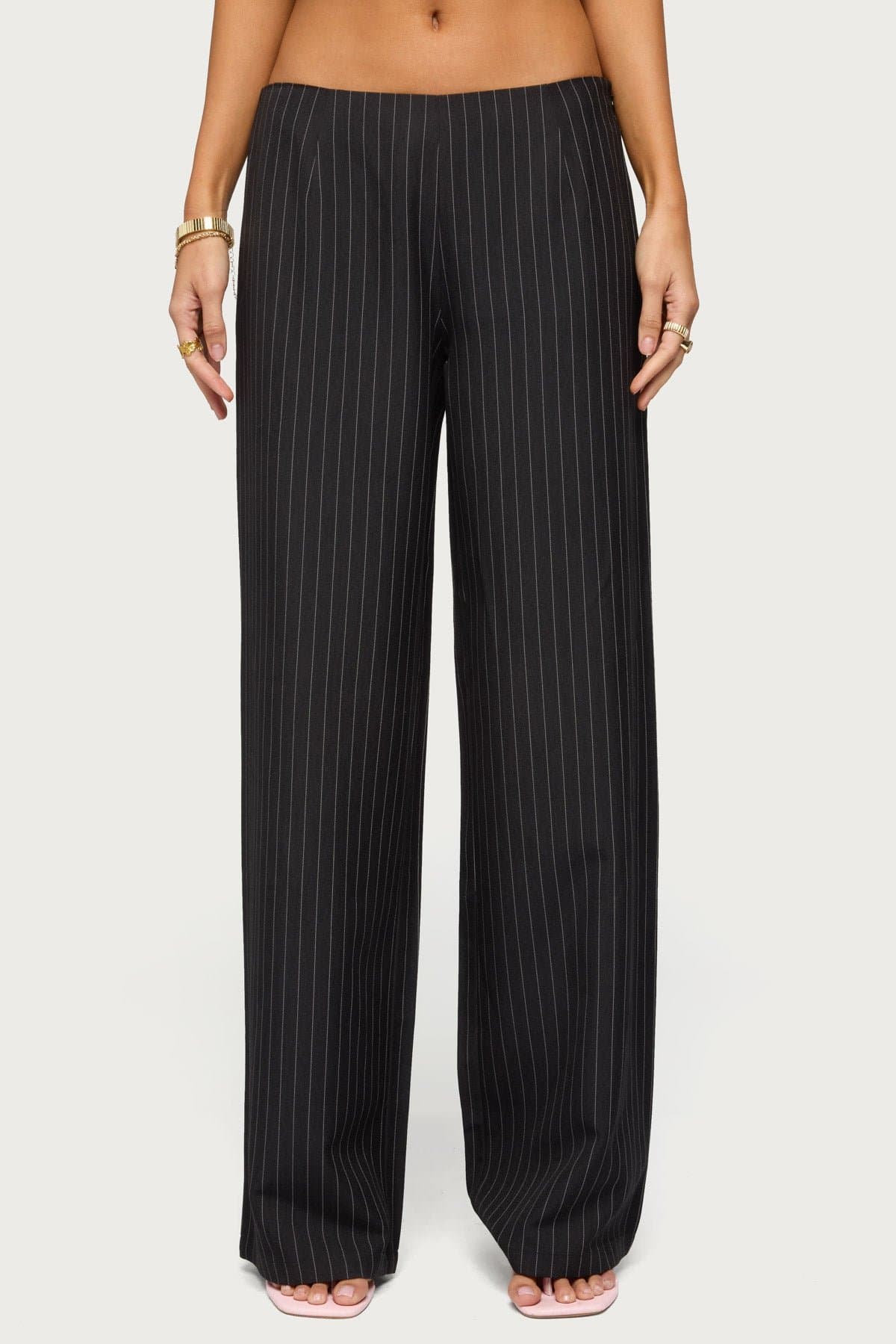 Kerie Pinstripe Low Rise Wide Leg Pants - Polyester Side Zip