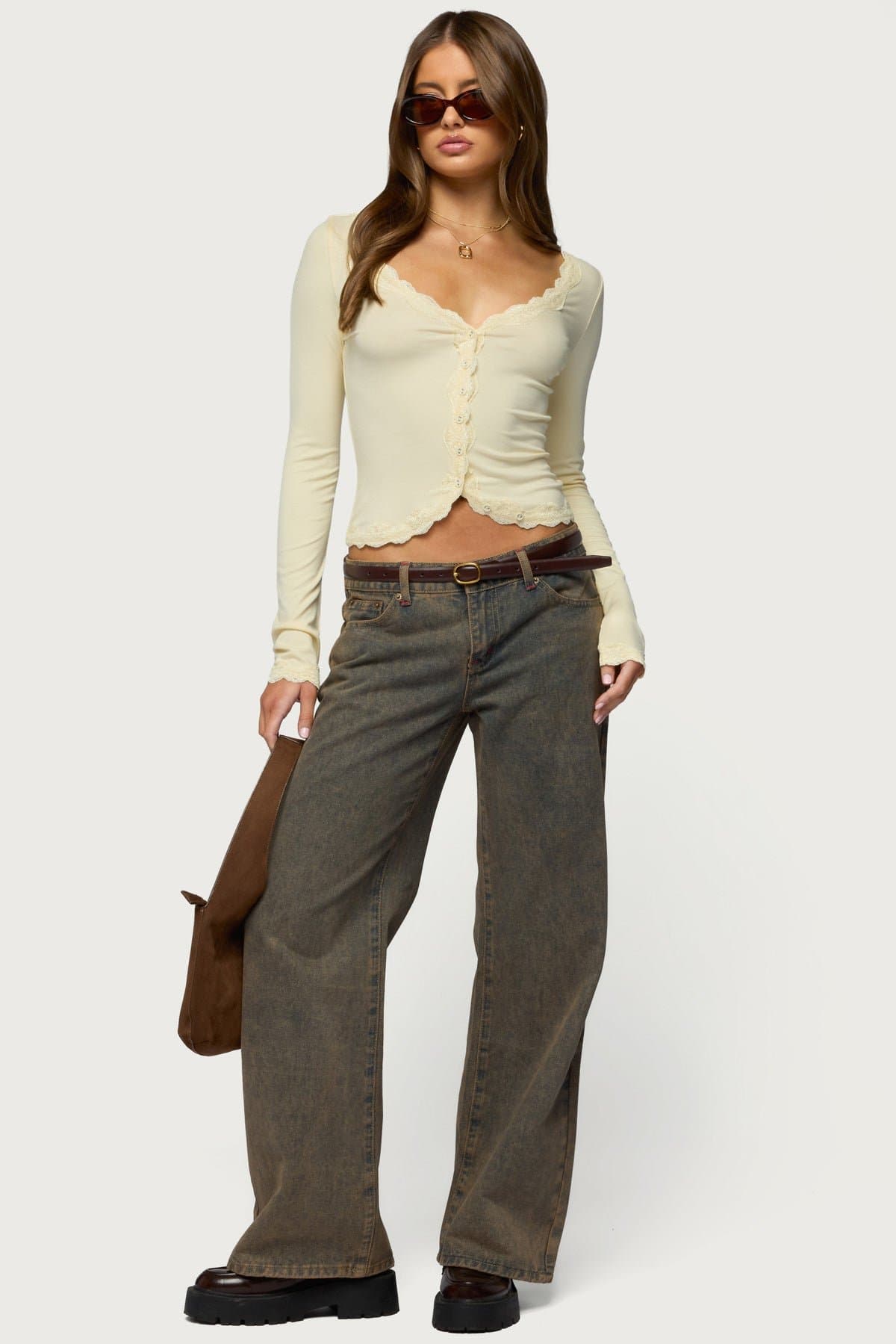 Gayle Lacey Button Up Long Sleeve V-Neck Top in Rayon Spandex