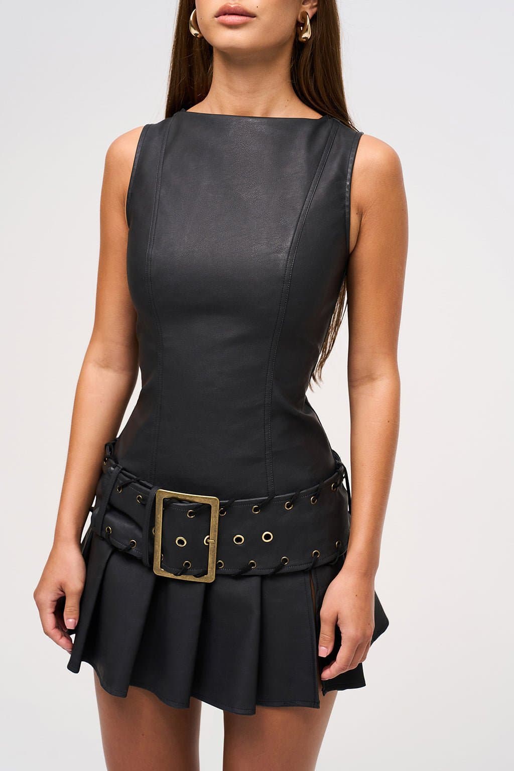 XENA Mini Dress Slash Neckline Lace Up Back Slim Fit Light Stretch