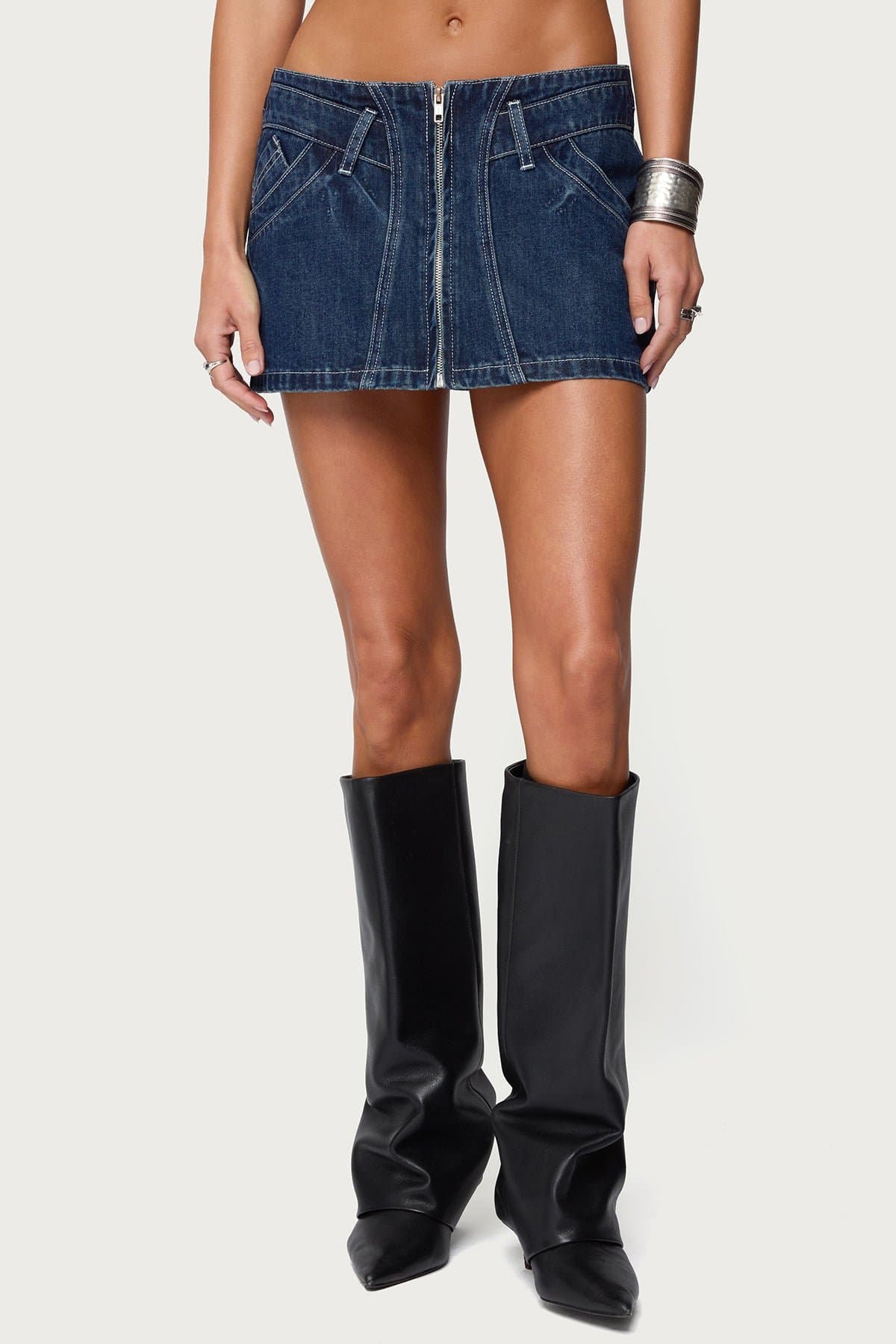 Sharlo Zip Up Denim Mini Skirt 100% Cotton with Stitch Detailing