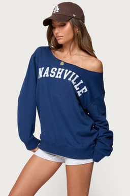 Nashville Oversized Wide Neck Sweatshirt - Polyester Cotton Graphic Text