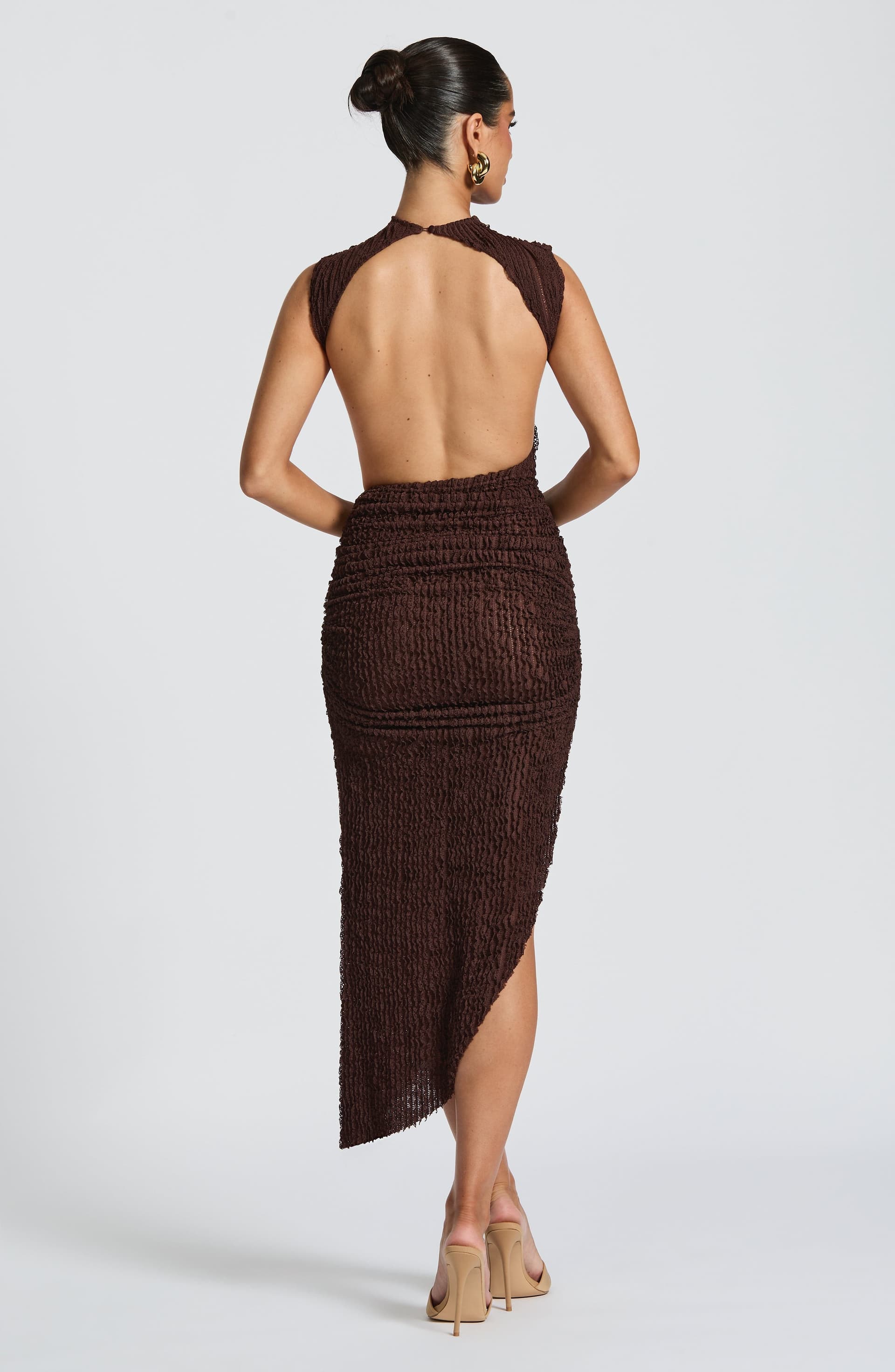 Aphrodite Midi Dress in Plum Brown - Textured Fabric High Neck Low Back with Ruching