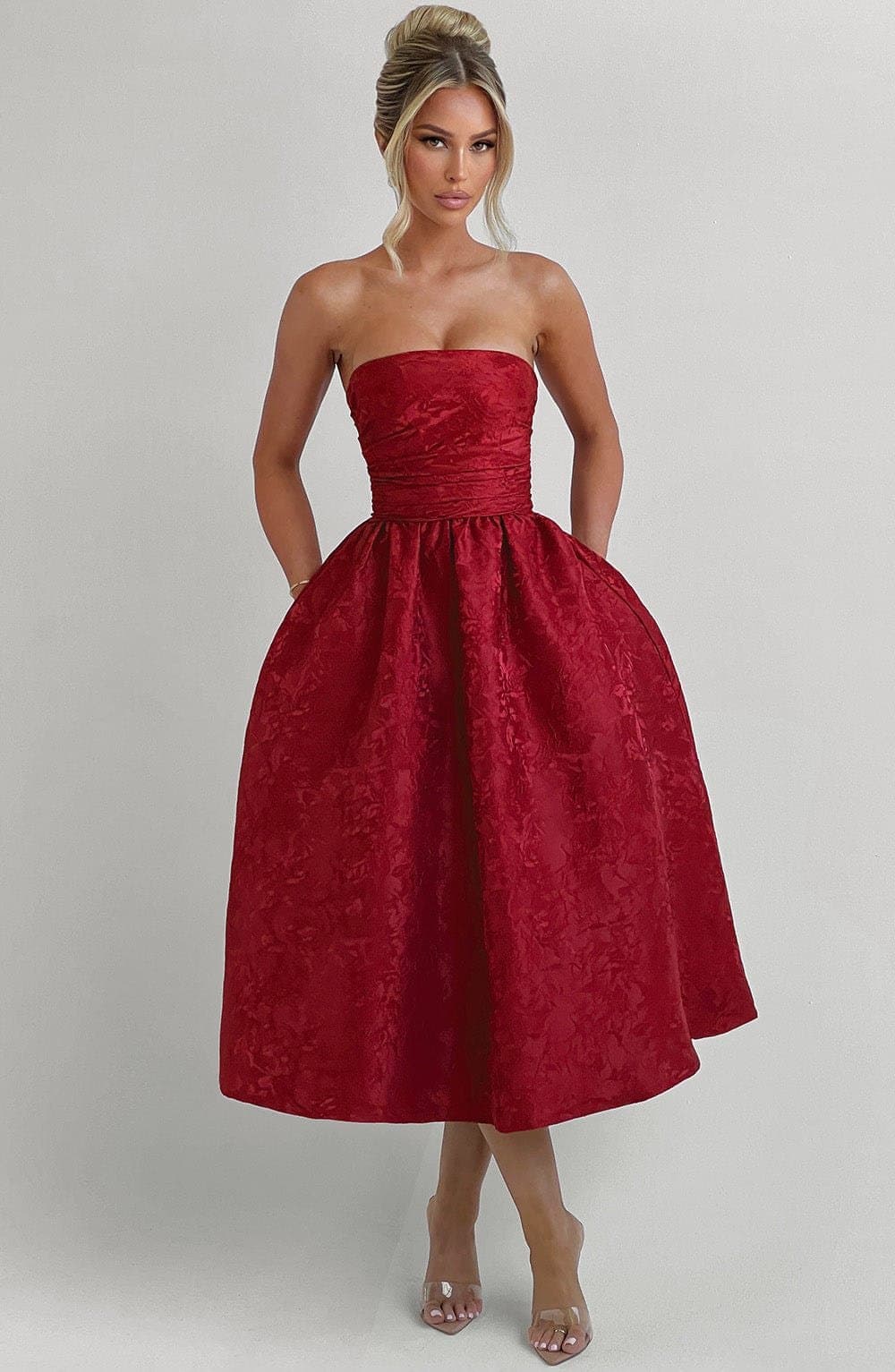 Saoirse Midi Dress in Red - Strapless Floral Jacquard Pleated Bodice