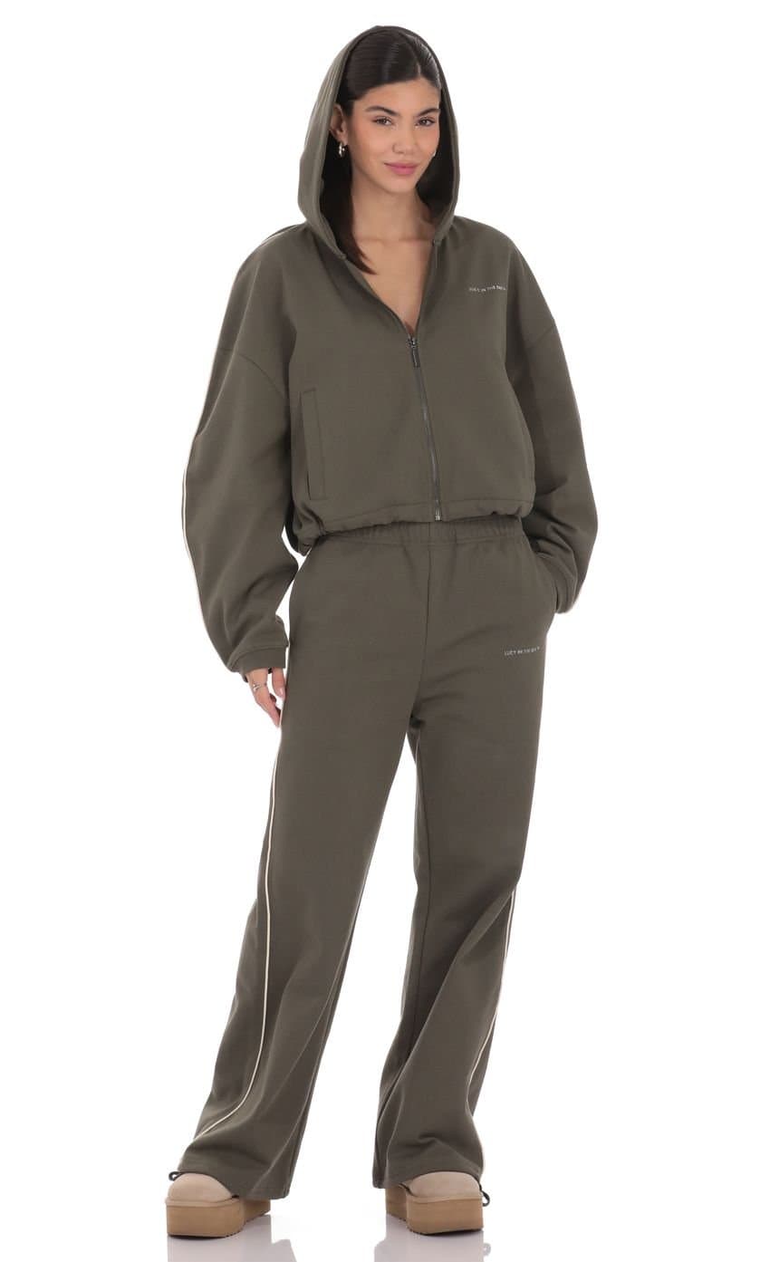 Cropped Cinch Waist Hoodie in Olive Green