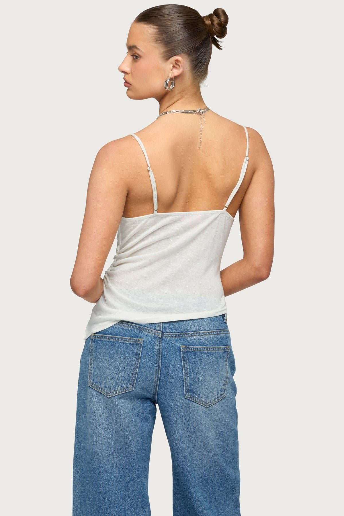 Asymmetric Cowl Neck Tank Top with Adjustable Straps - Lyocell Polyester Linen