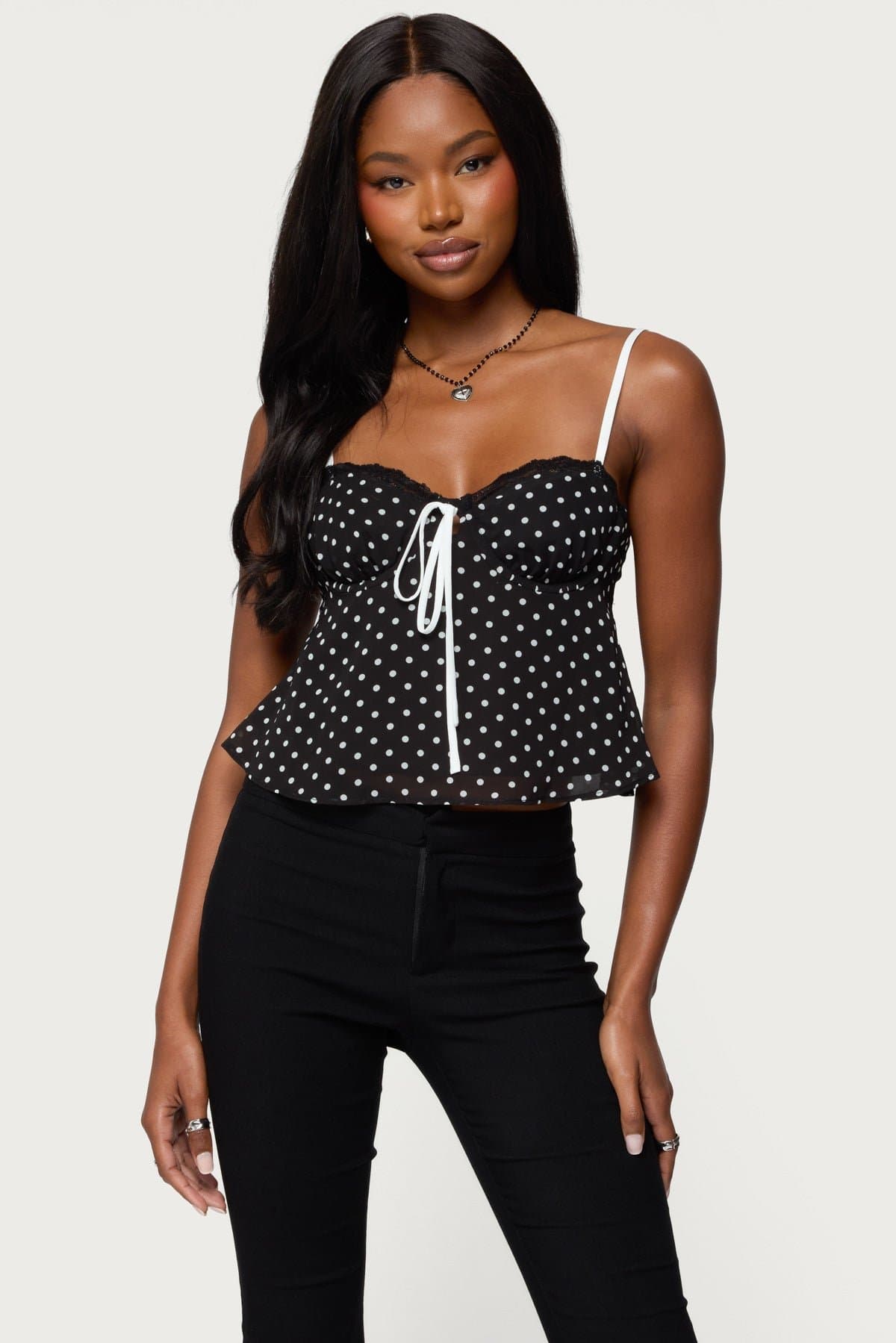 Contrast Polka Dot Cupped Chiffon Bra Top with Adjustable Straps