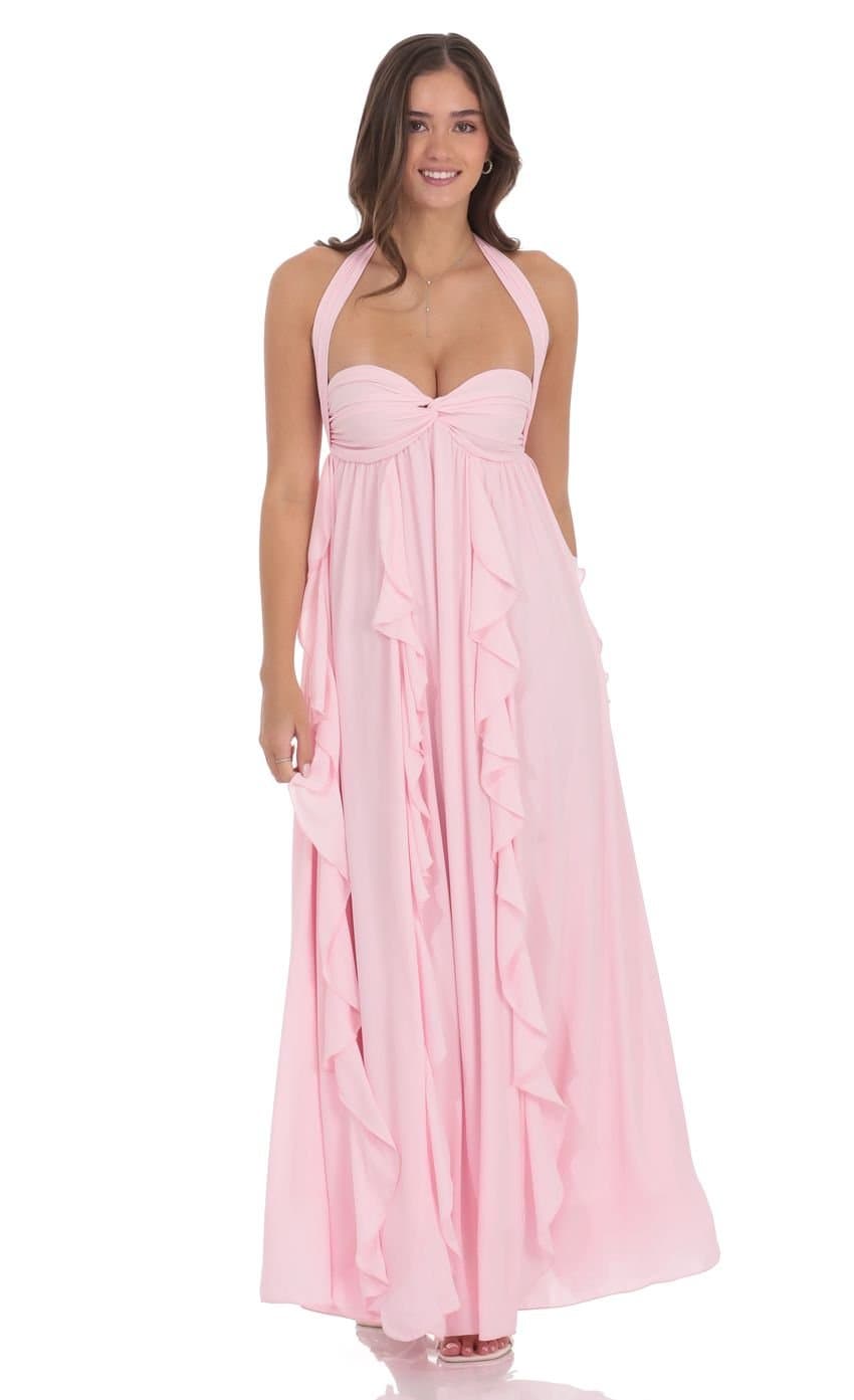 Halter Ruffle Babydoll Maxi Dress in Pink