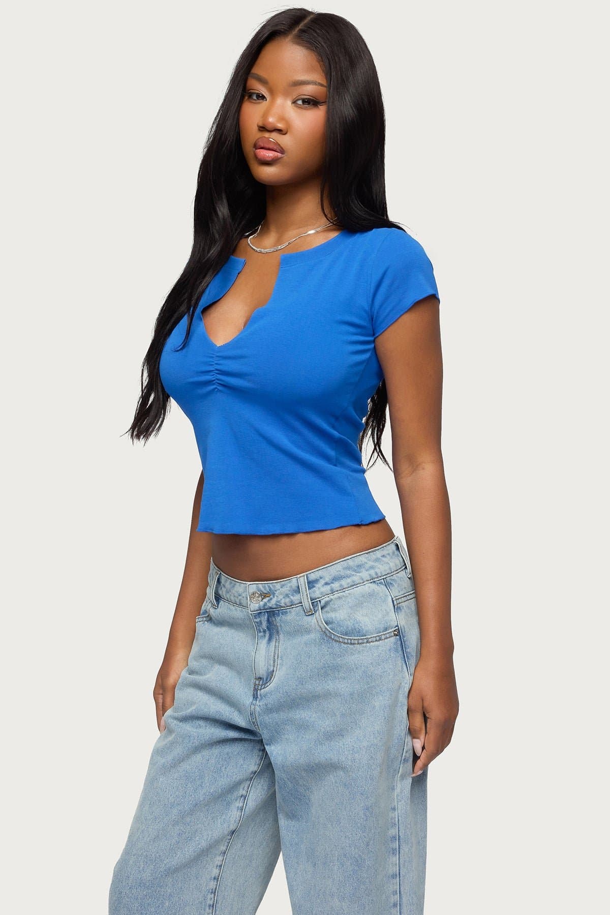 Andria V-Neck Top - Short Sleeve Cotton Spandex with Center Ruching