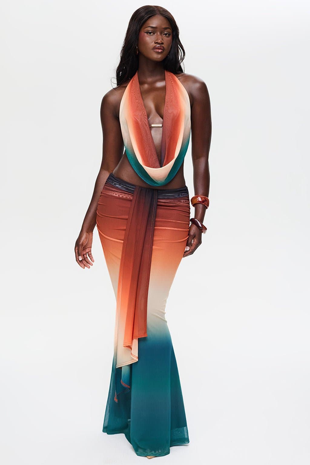 Aquarius Maxi Skirt Fit and Flare with Ruching Hip Detail Ombre Print