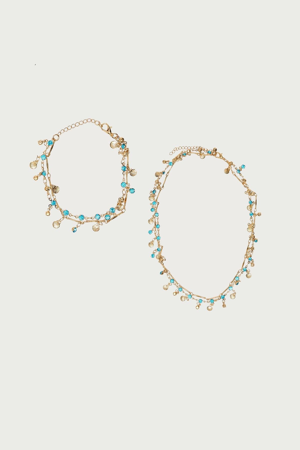 Sea Stone Necklace & Bracelet Set - Gold Tone Metal Glass Beads Adjustable 7-16.1"