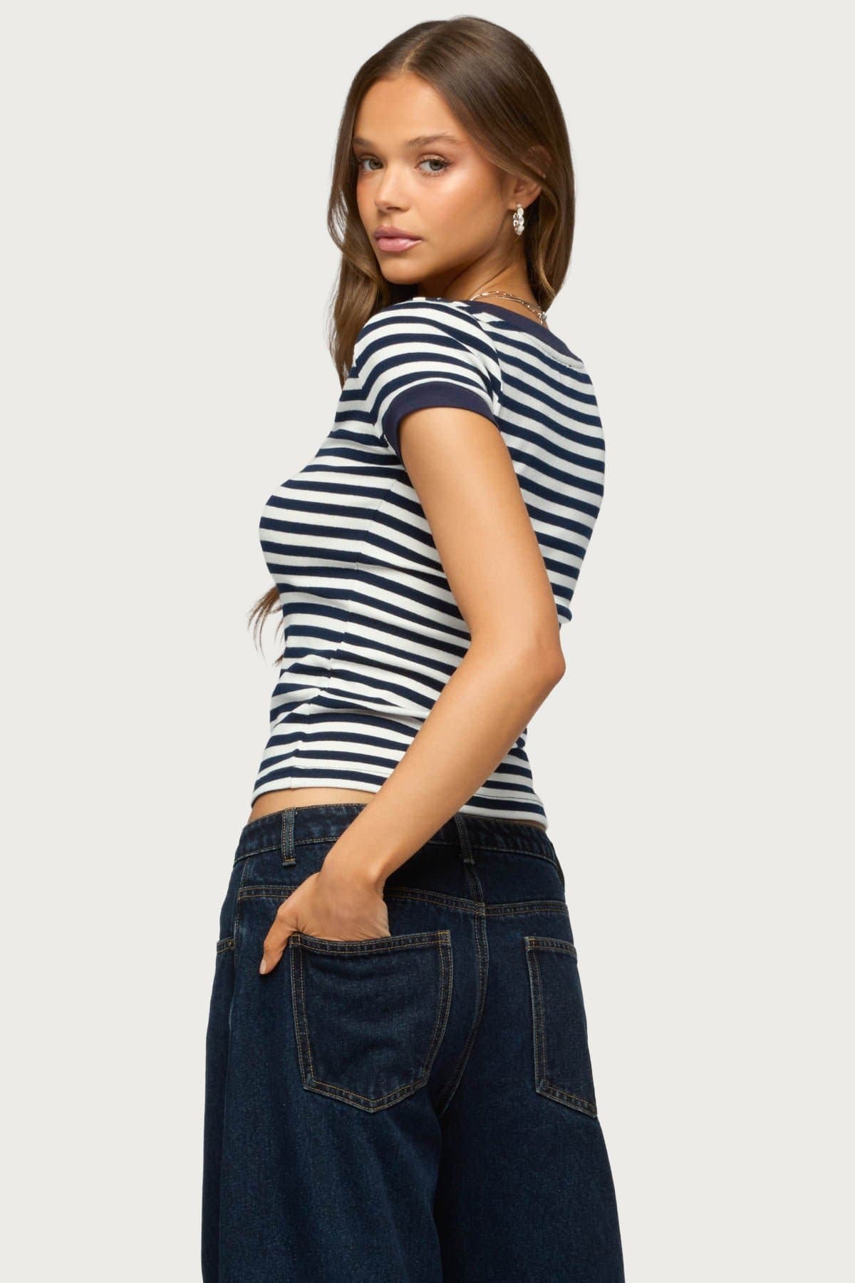 Antonela Striped V-Neck T-Shirt with Contrast Binding Cotton Spandex