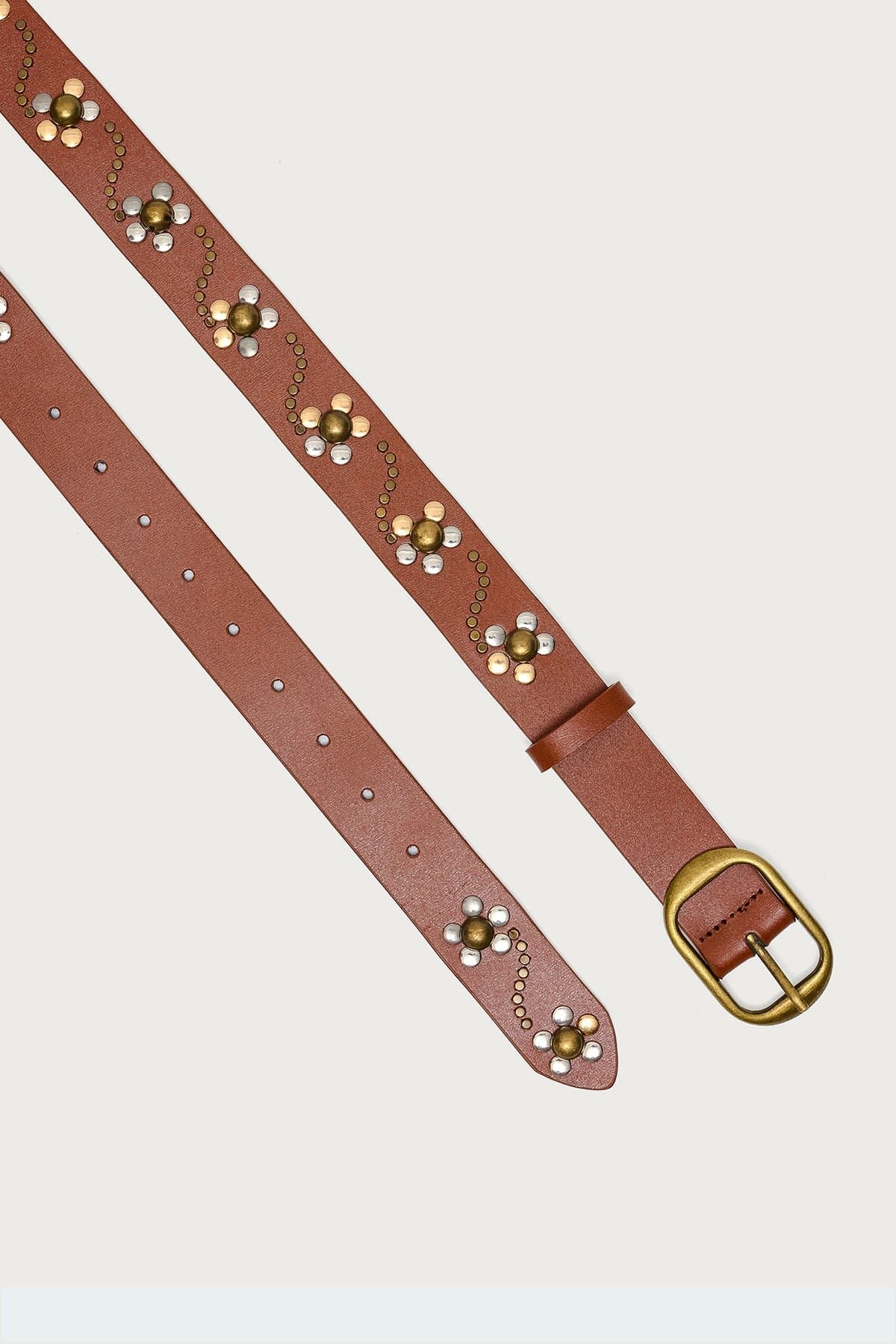 Flower Studded Faux Leather Belt - Polyurethane with Gold Tone Metal Buckle 44.1" Length