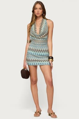 Ziggy Striped Backless Knit Mini Dress - Halter Neck Tie Closure Polyester Metallic