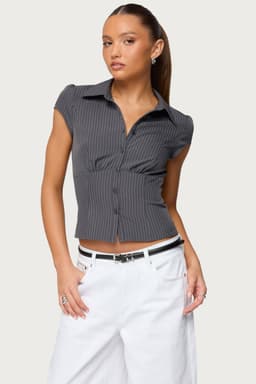 Juney Pinstripe Tailored Button Up Shirt - Cotton Polyester Spandex, Classic Collar, Underbust Ruching
