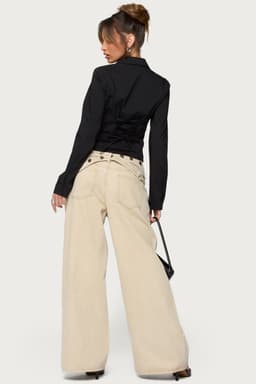 Buttoned Belt Low Rise Baggy Jeans 100% Cotton Rigid Denim