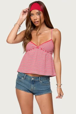 Orietta Striped Babydoll Tank Top with Adjustable Straps and Lace Trim