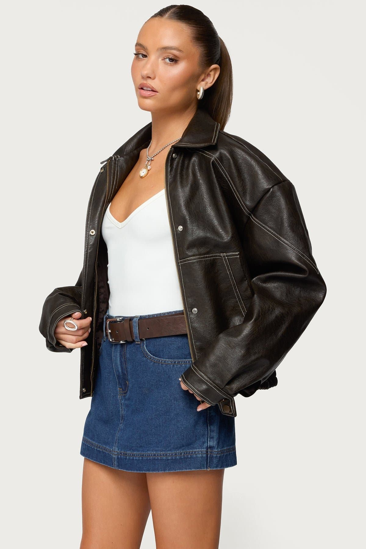 Jaxson Oversized Faux Leather Bomber Jacket - Black, Polyurethane Polyester