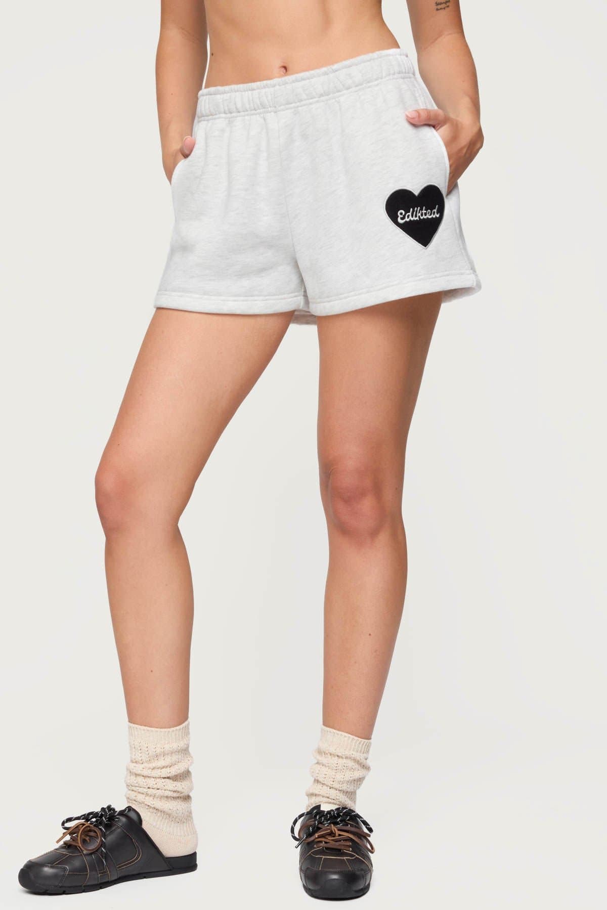 Big Love Edikted Sweat Shorts - Elastic Waistband Heart Patch Polyester Cotton Rayon