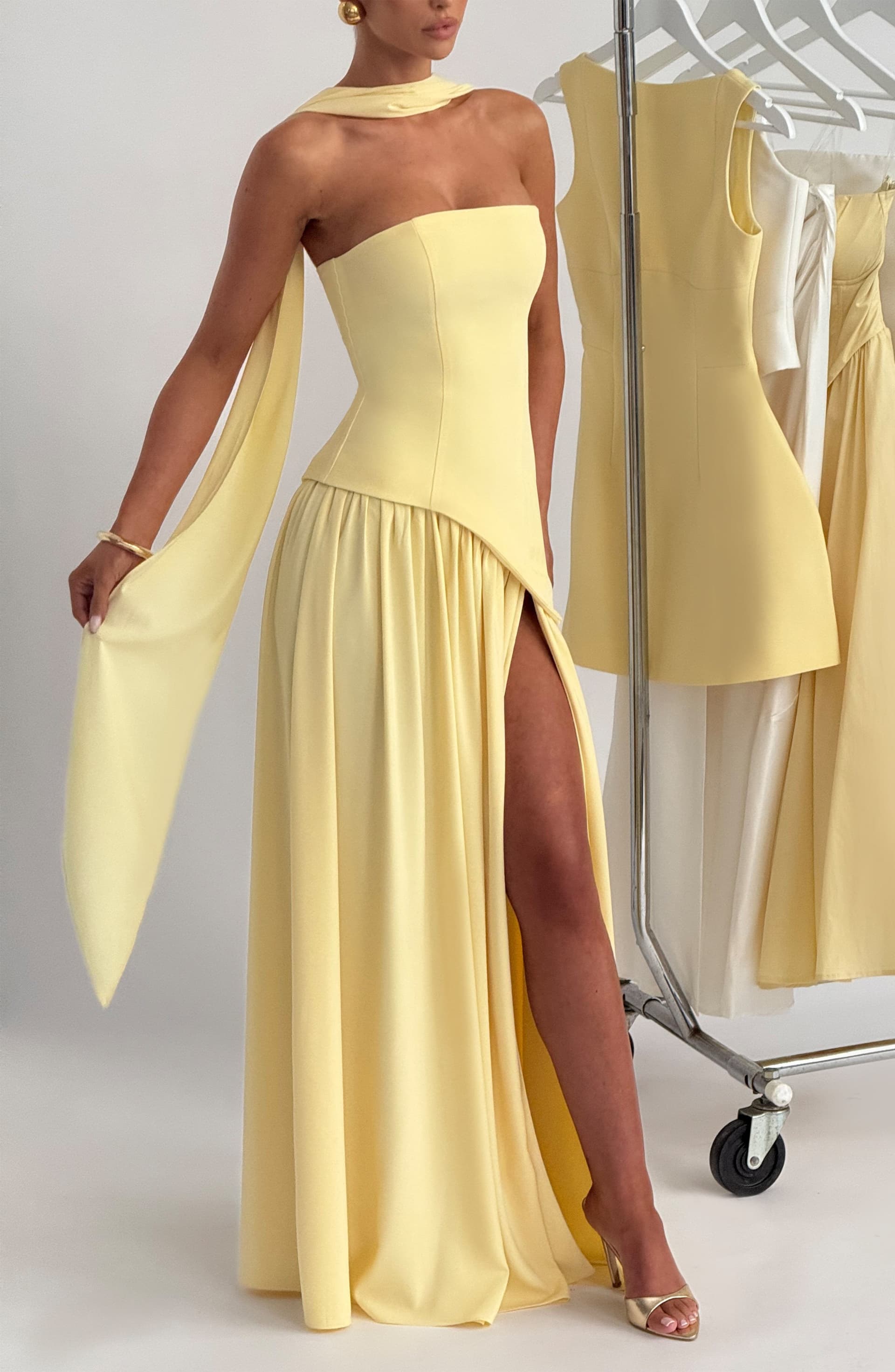Maliyah Maxi Dress Lemon Crepe Bodice Chiffon Skirt Thigh High Split