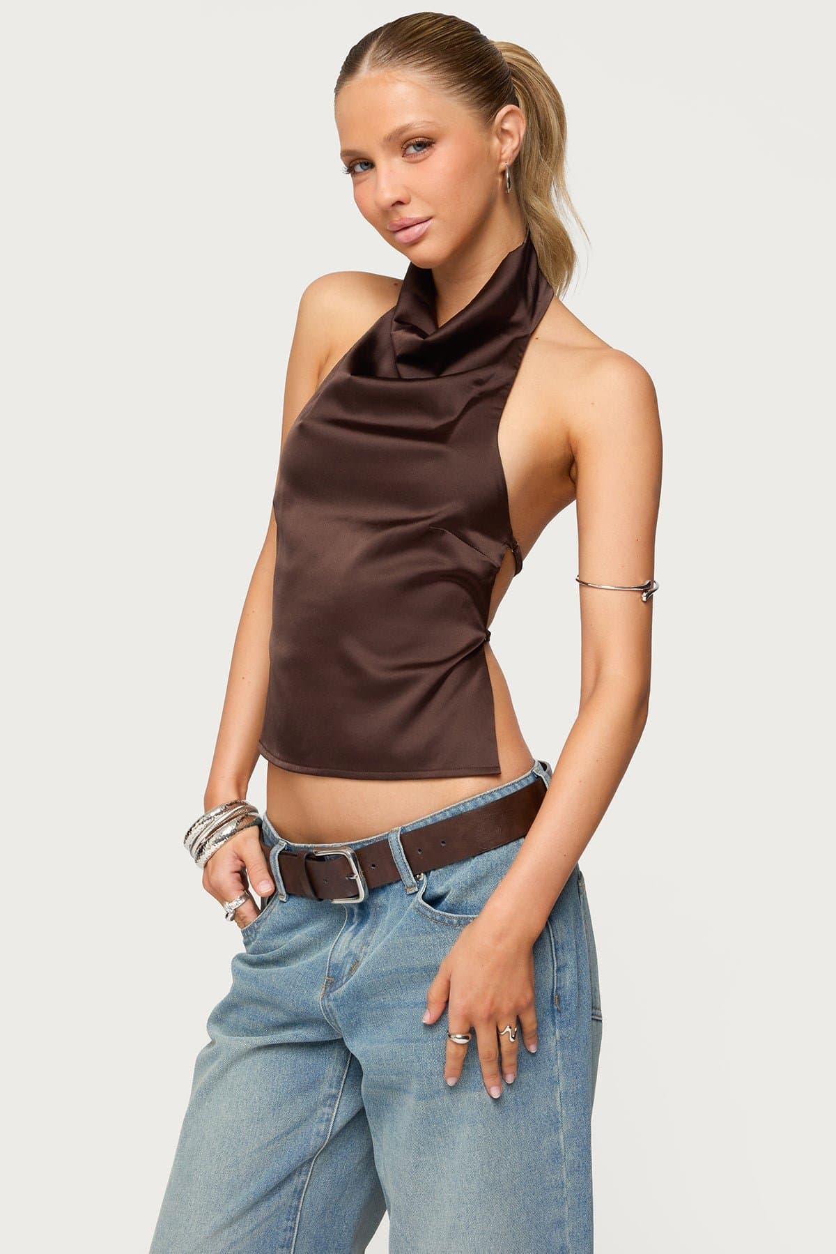 Satin Effect Backless Cowl Neck Top with Adjustable Straps - Polyester Spandex