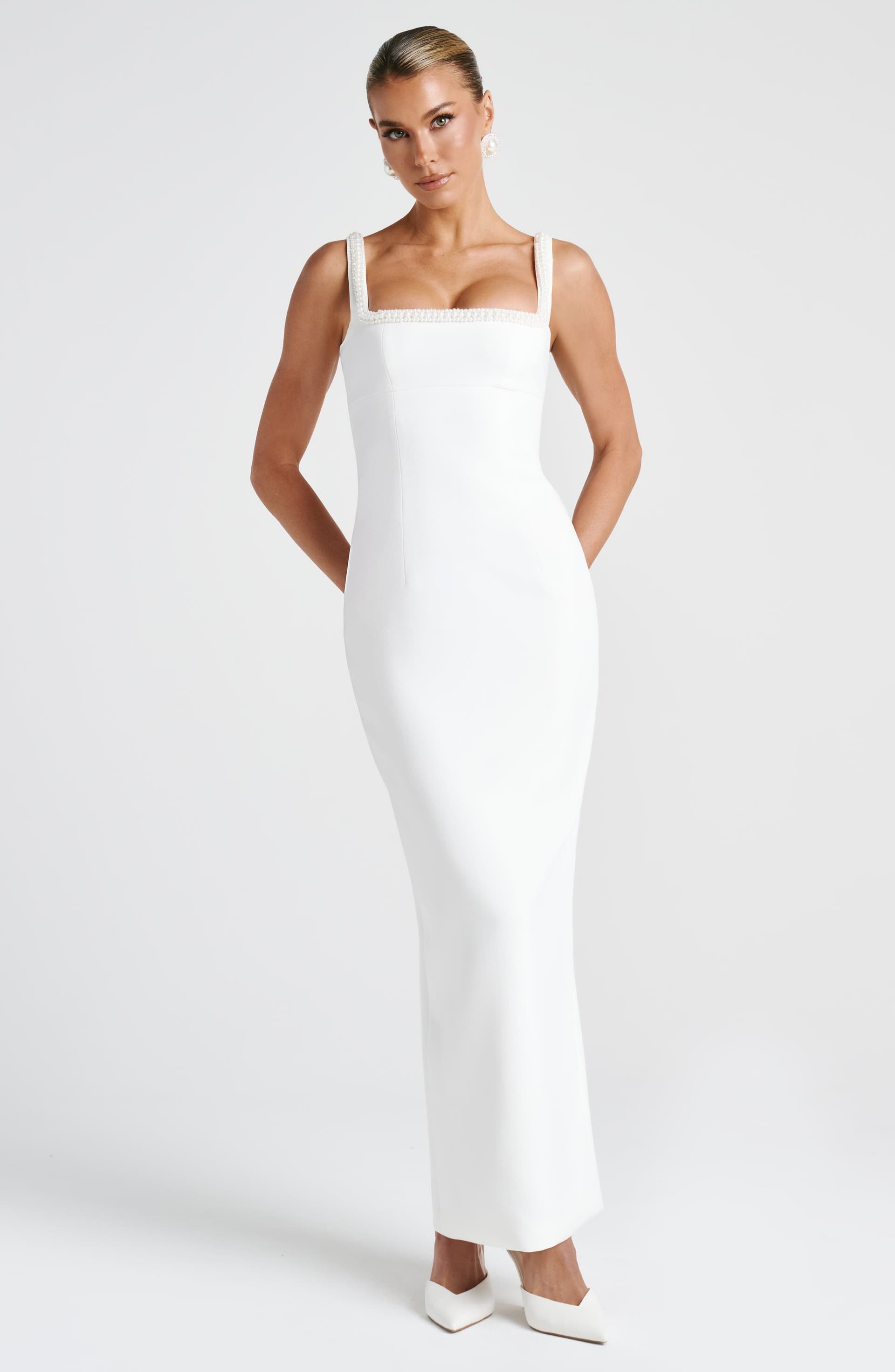Ines Midaxi Dress in Ivory - Crepe Pencil Skirt Pearl Trim