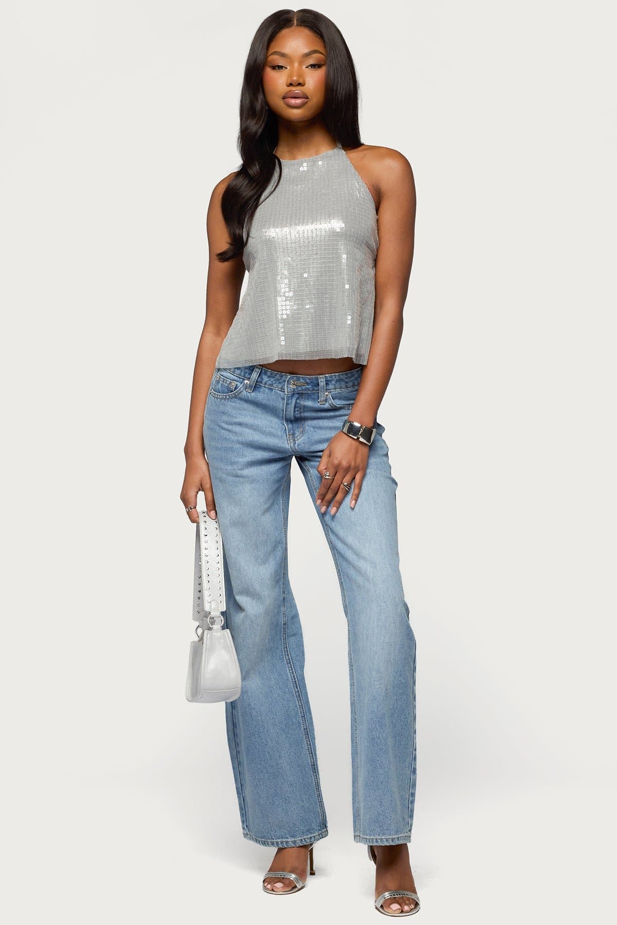 Itara Sequin Backless Halter Top with Open Back and Adjustable Straps