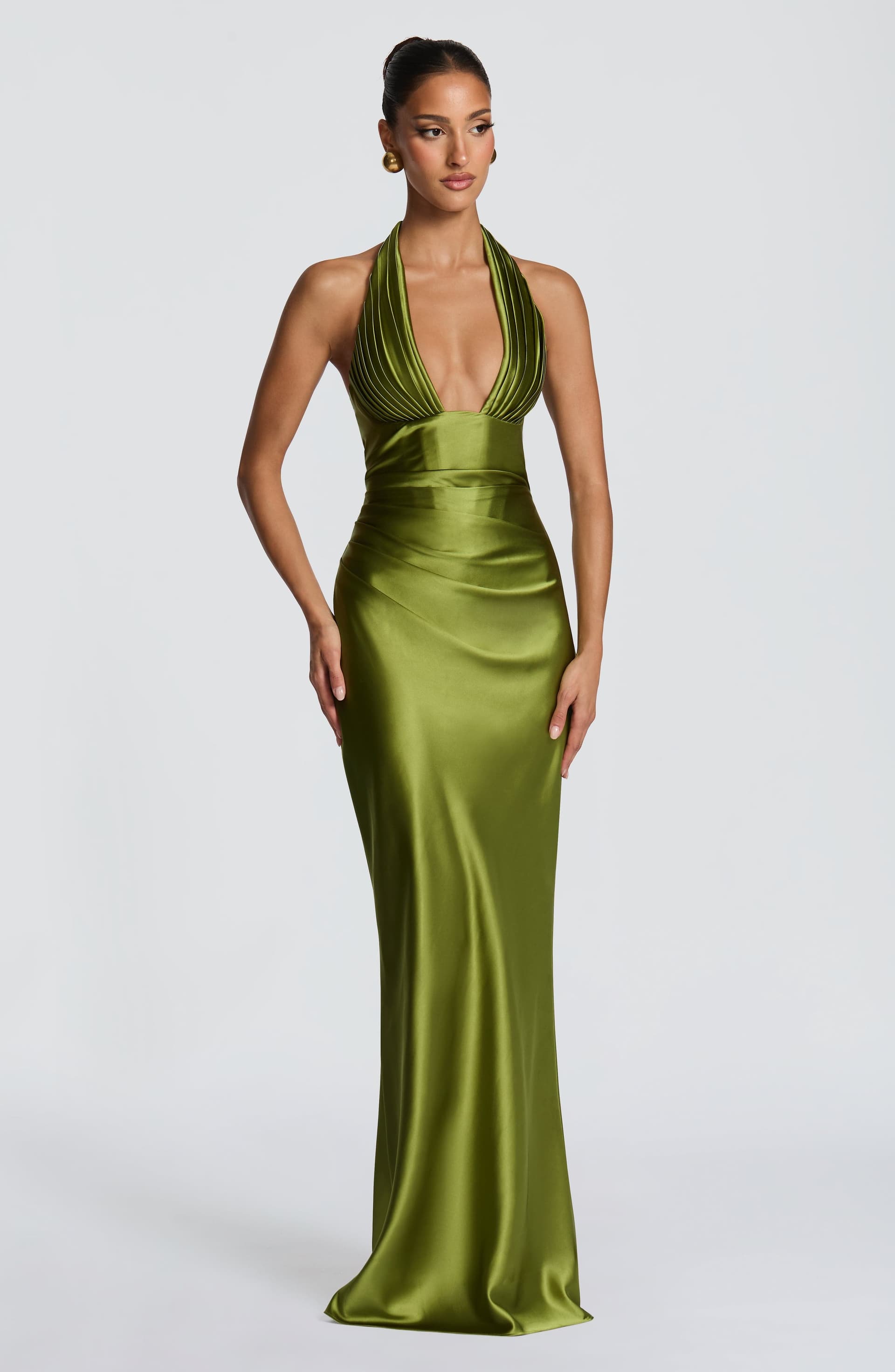 Elowen Olive Maxi Dress Plunge Halter Neckline Lace-Up Back Satin