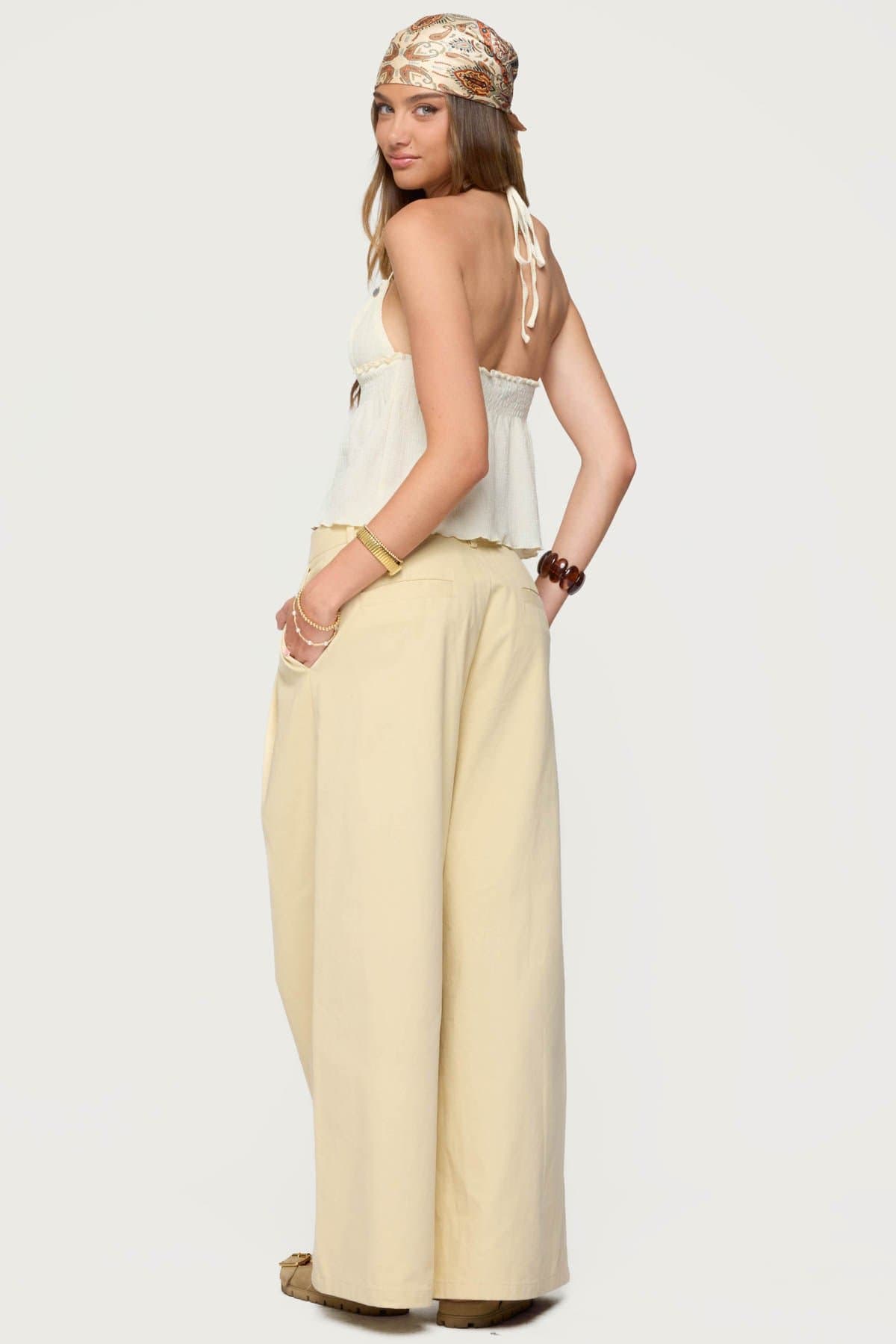 Textured Iridescent Babydoll Halter Top with Lace Ruffles and Smocked Panel