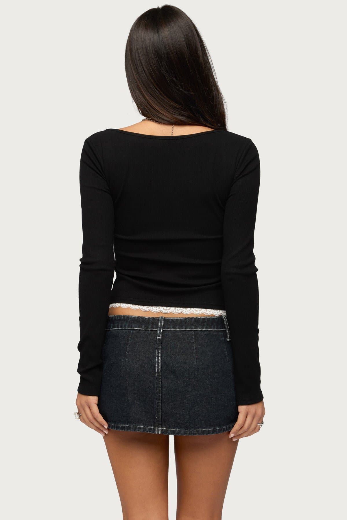 Joana Layered Lacey Henley Top - Long Sleeve Scoop Neck Cotton Rayon Spandex