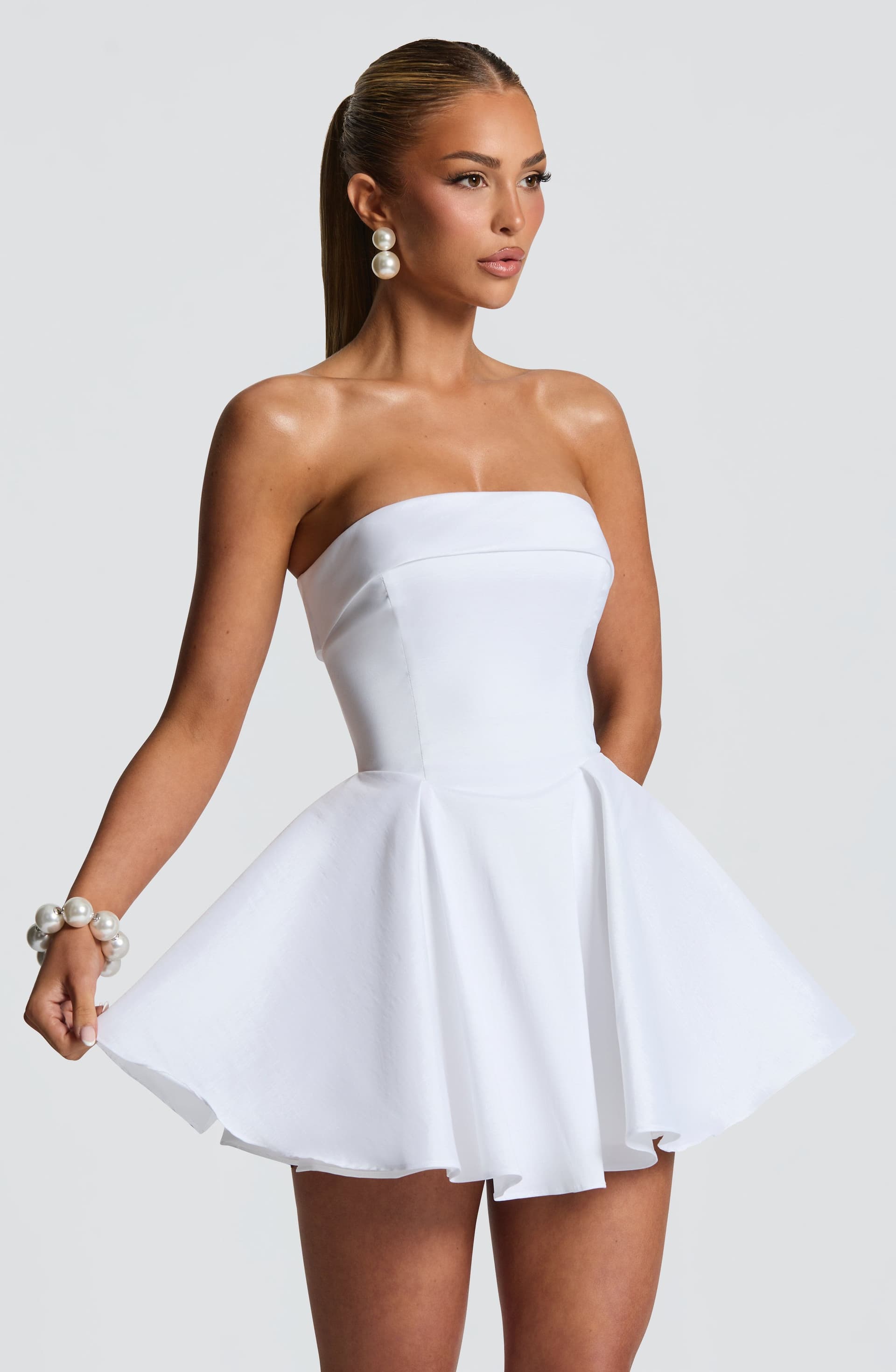 Dionne Mini Dress in Ivory Taffeta Strapless Lace-Up Back Full Circle Skirt