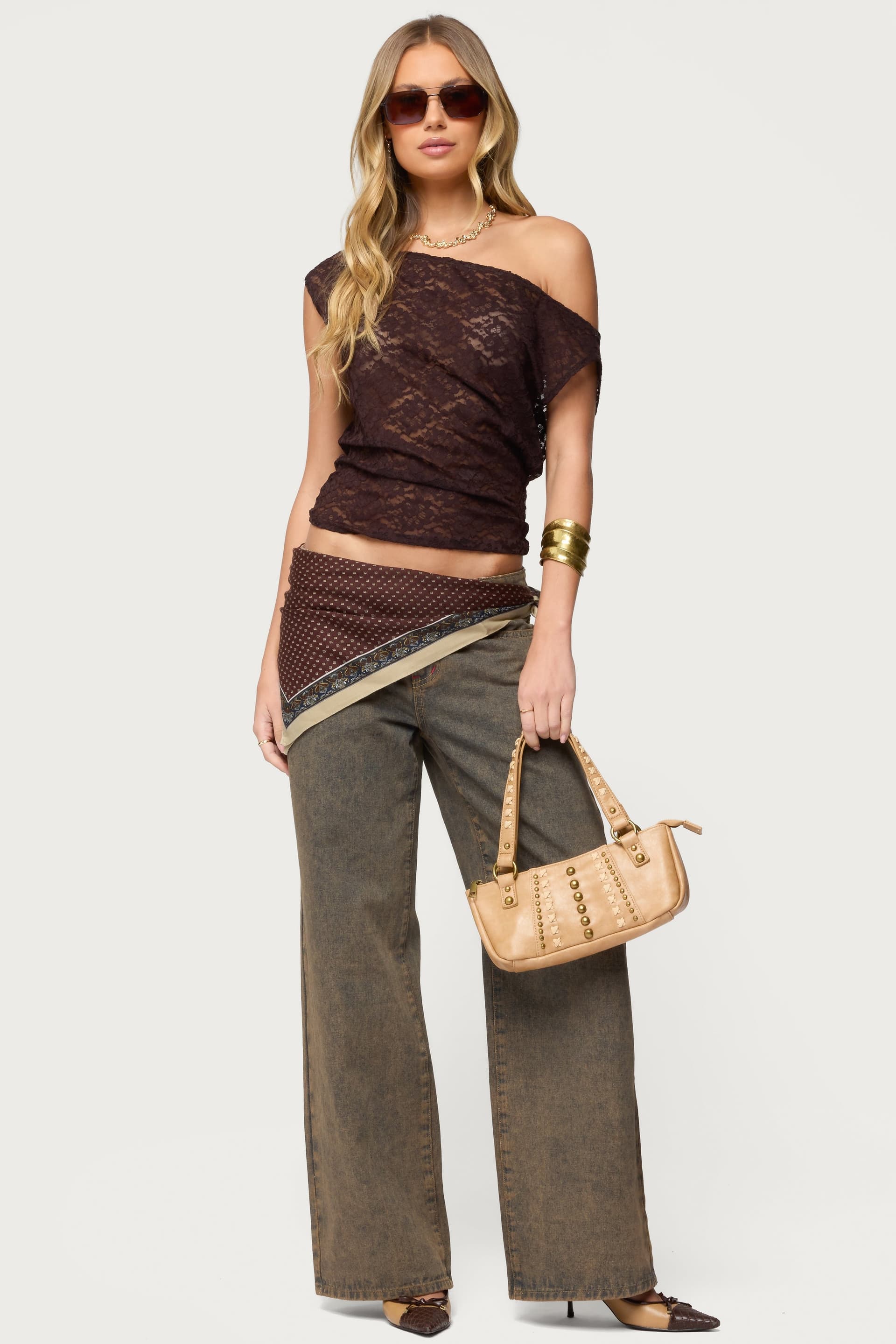 Kessa Sheer Lace Off Shoulder Top Fitted Waist Nylon Spandex