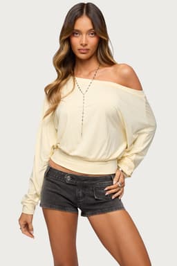 Caisynne Off Shoulder Long Sleeve Top with Cinched Waist Rayon Spandex