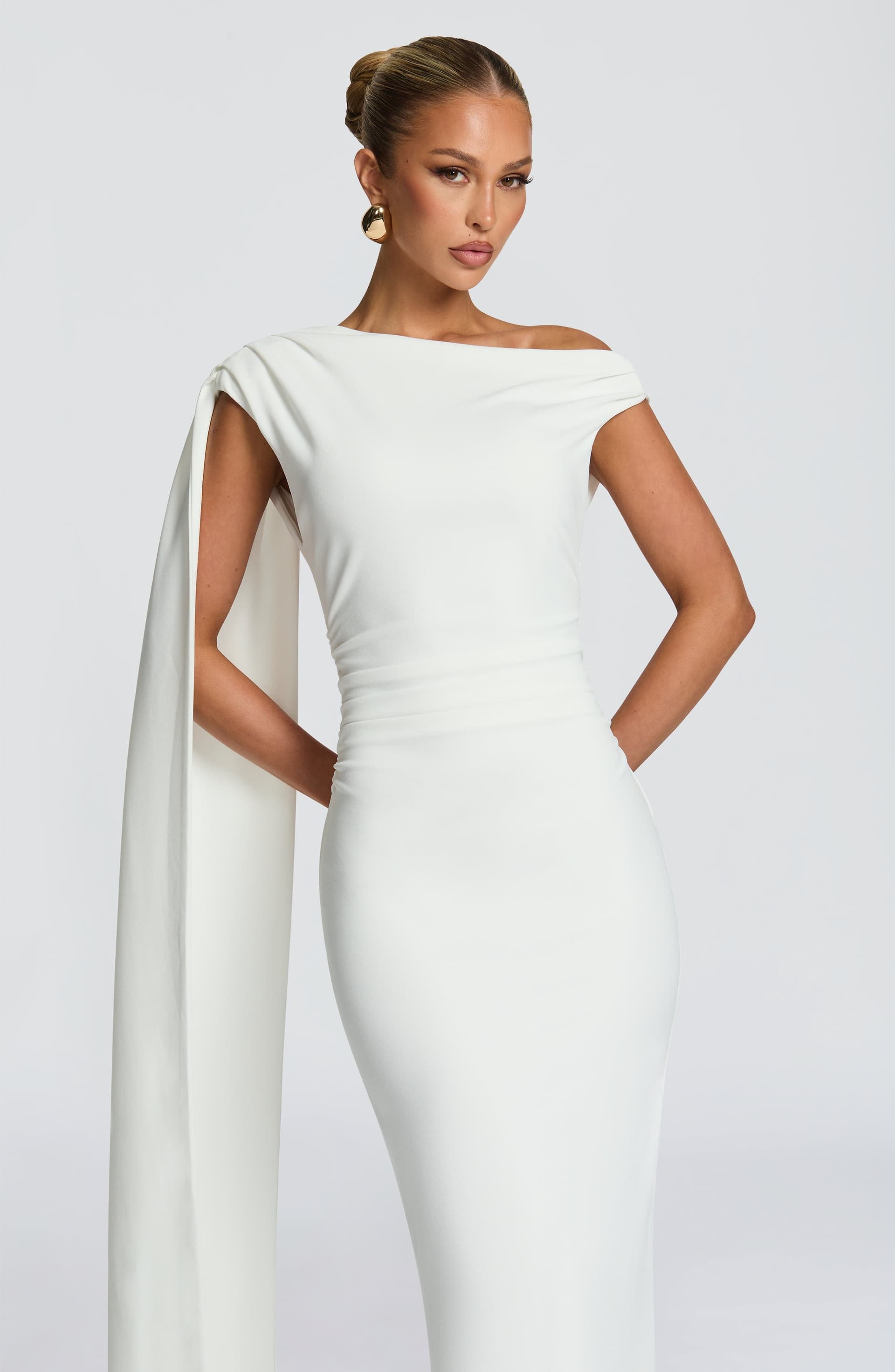 Kylie Maxi Dress in Ivory - Stretch Crepe Column Silhouette with Back Split