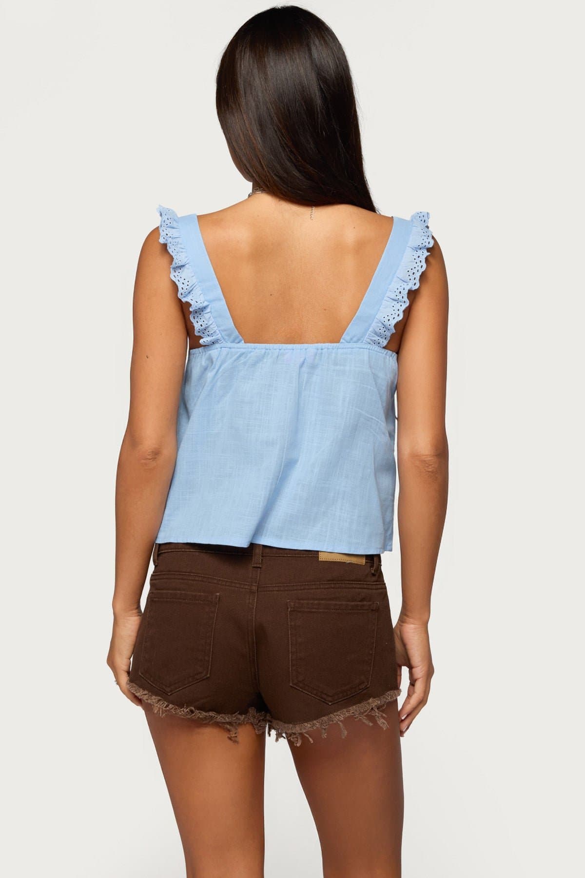 Viviana Linen Look Top - Square Neckline, Wide Straps, Eyelet Ruffle, 100% Cotton