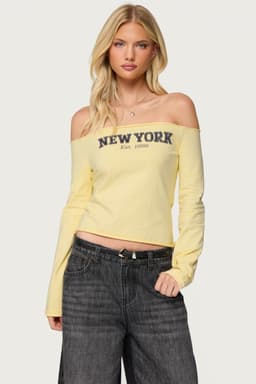 New York Babe Off Shoulder Top - Cotton Spandex Graphic Print Women's Blouse