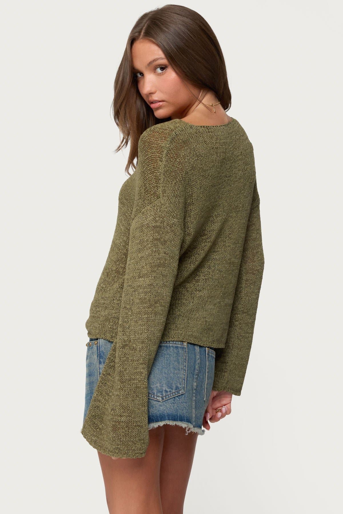 Drop Shoulder Light Knit Sweater - Relaxed Fit Polyester Rayon