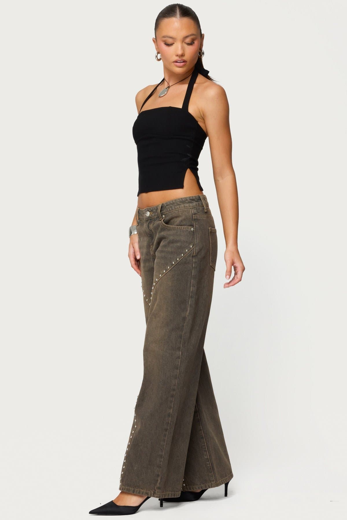 Charliza Stud Low Rise Baggy Jeans - Rigid 100% Cotton Denim