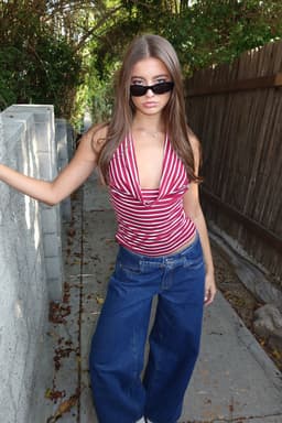 Striped Cowl Neck Halter Top with Neck Tie Closure Cotton Spandex