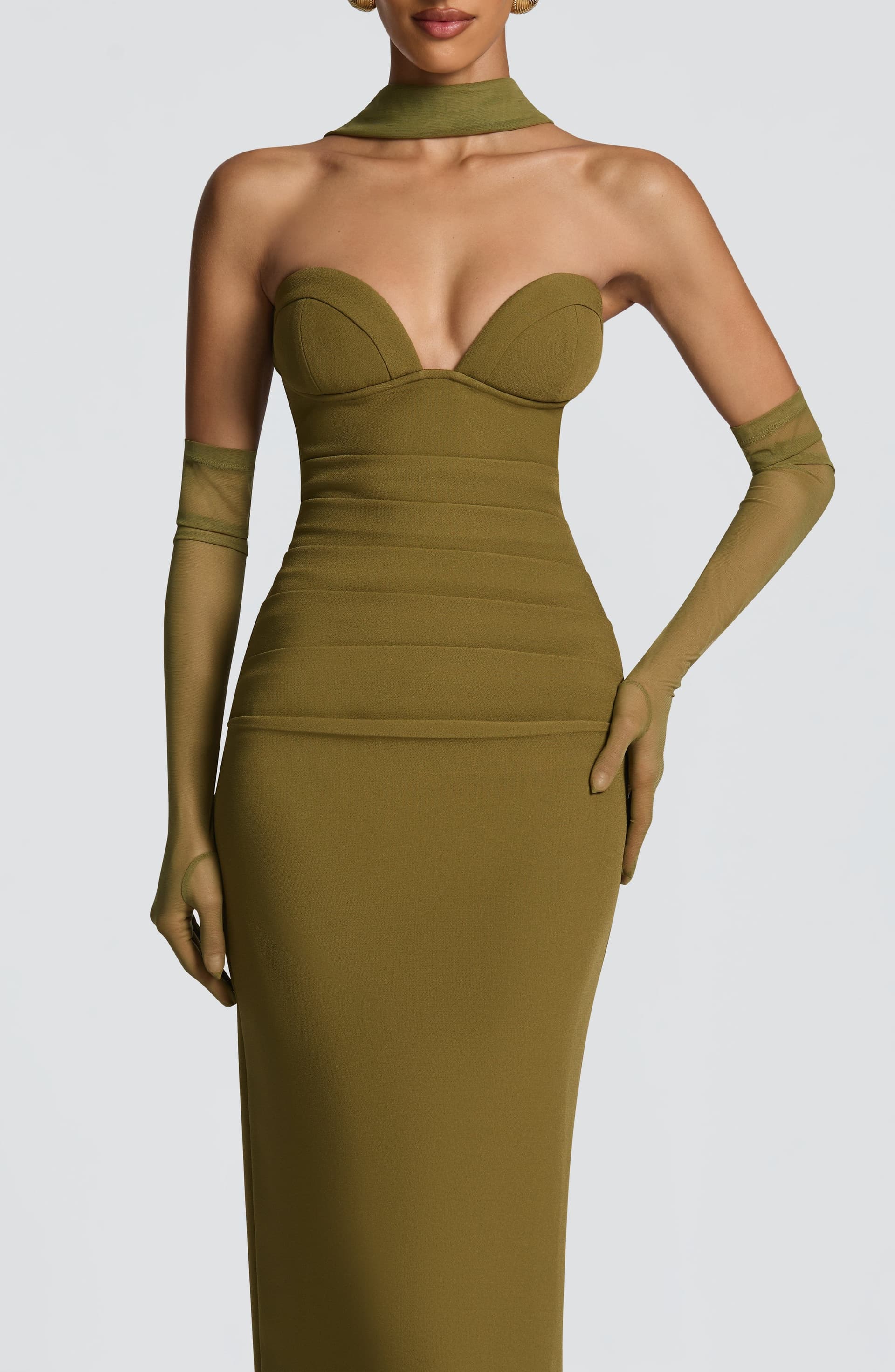 Lindsey Maxi Dress Deep Olive Strapless Underwired Crepe