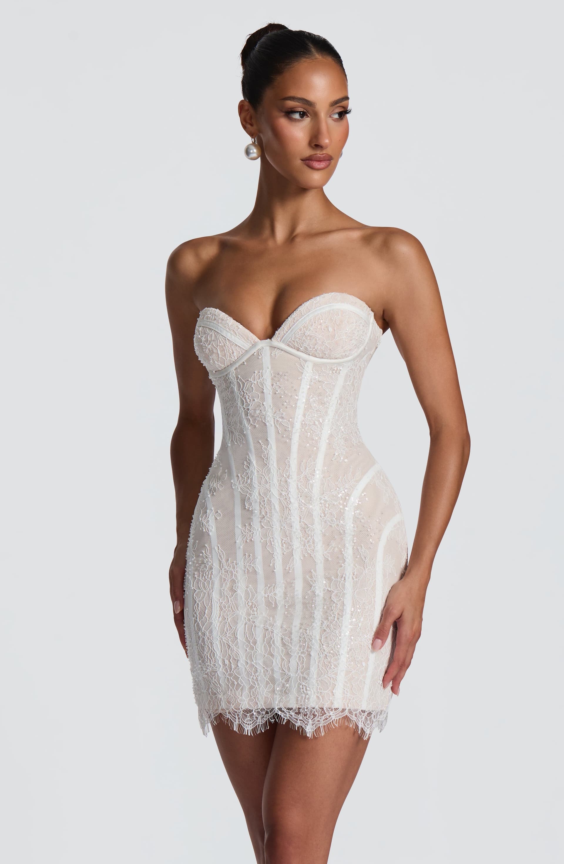Sian Mini Dress in Ivory Lace with Bead Sequin Embellishment