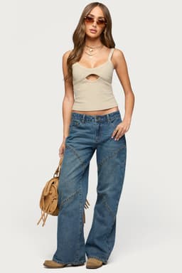 Charla Stud Low Rise Baggy Jeans - Rigid Cotton Denim with Panel Stitching