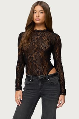 Rosalinda Sheer Lace Bodysuit with Long Sleeves and Scalloped Trim - Nylon Spandex