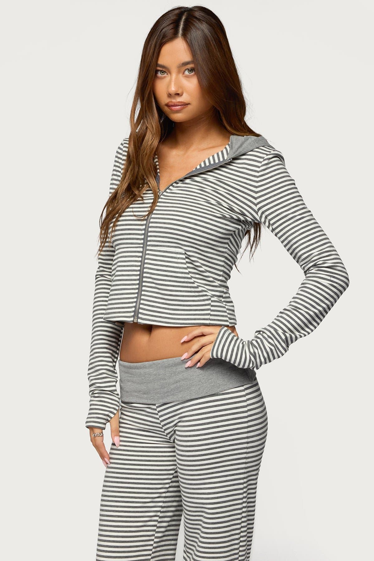 Meggy Striped Zip-Up Hoodie - Cotton Spandex Blend