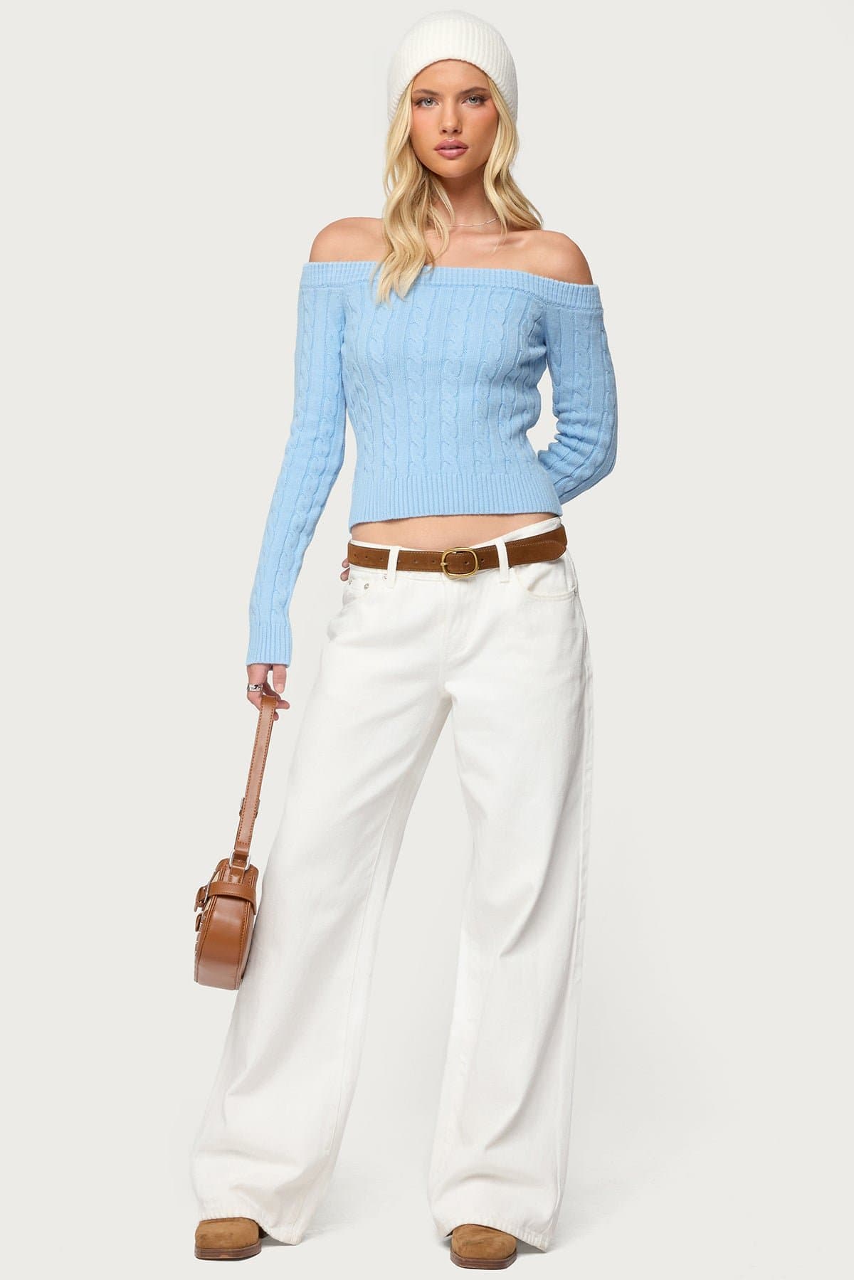 Taniza Off Shoulder Cable Knit Sweater - Rayon Polyester Spandex