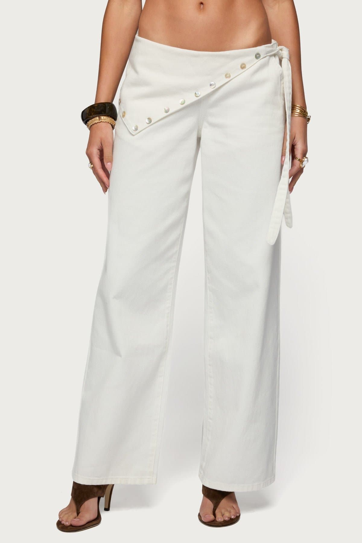 Button Foldover Low Rise Baggy Jeans - Rigid Cotton Denim, Side Zip