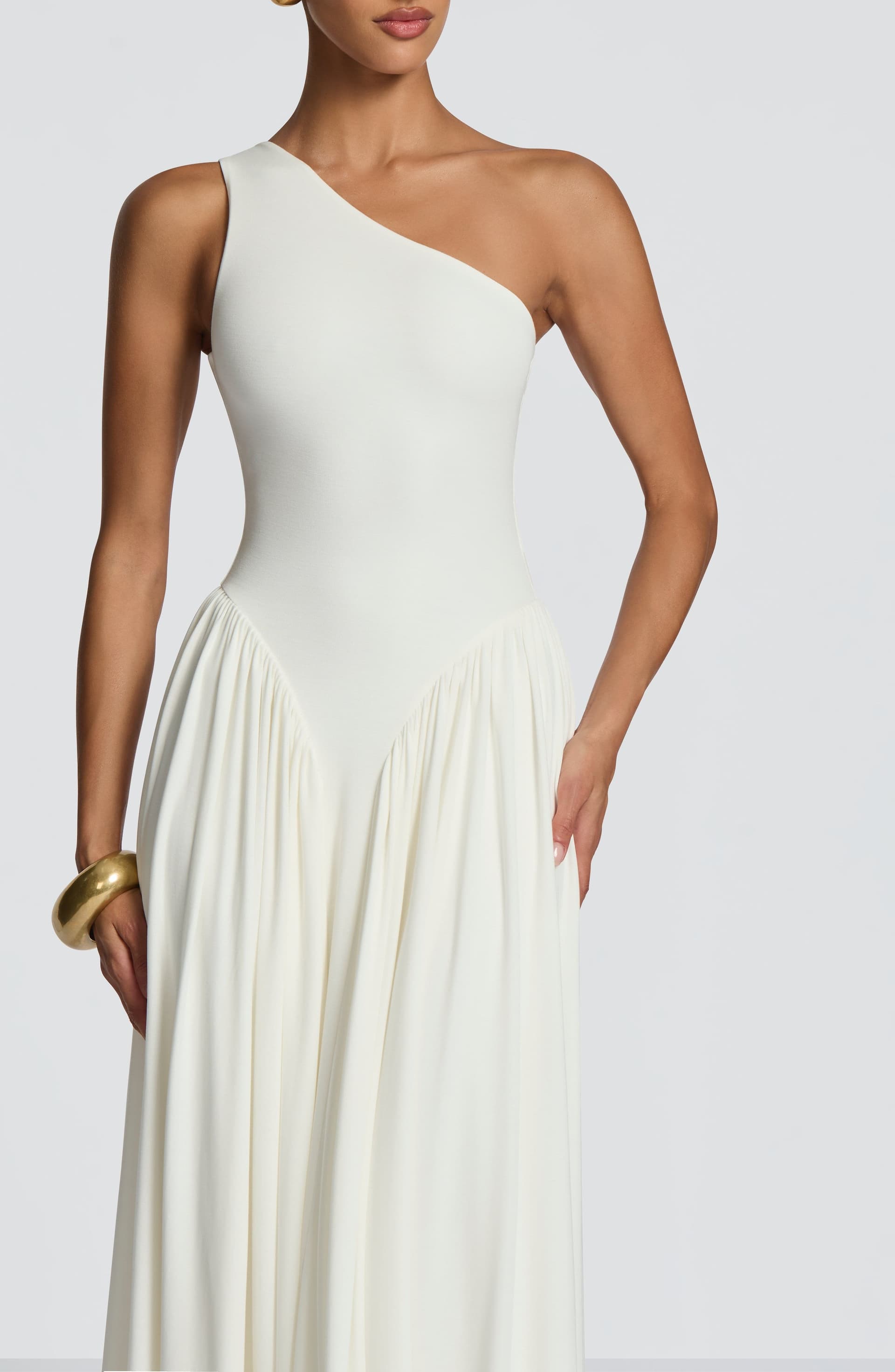 Vespera Maxi Dress in Ivory - One Shoulder Modal Jersey with Godet Panels