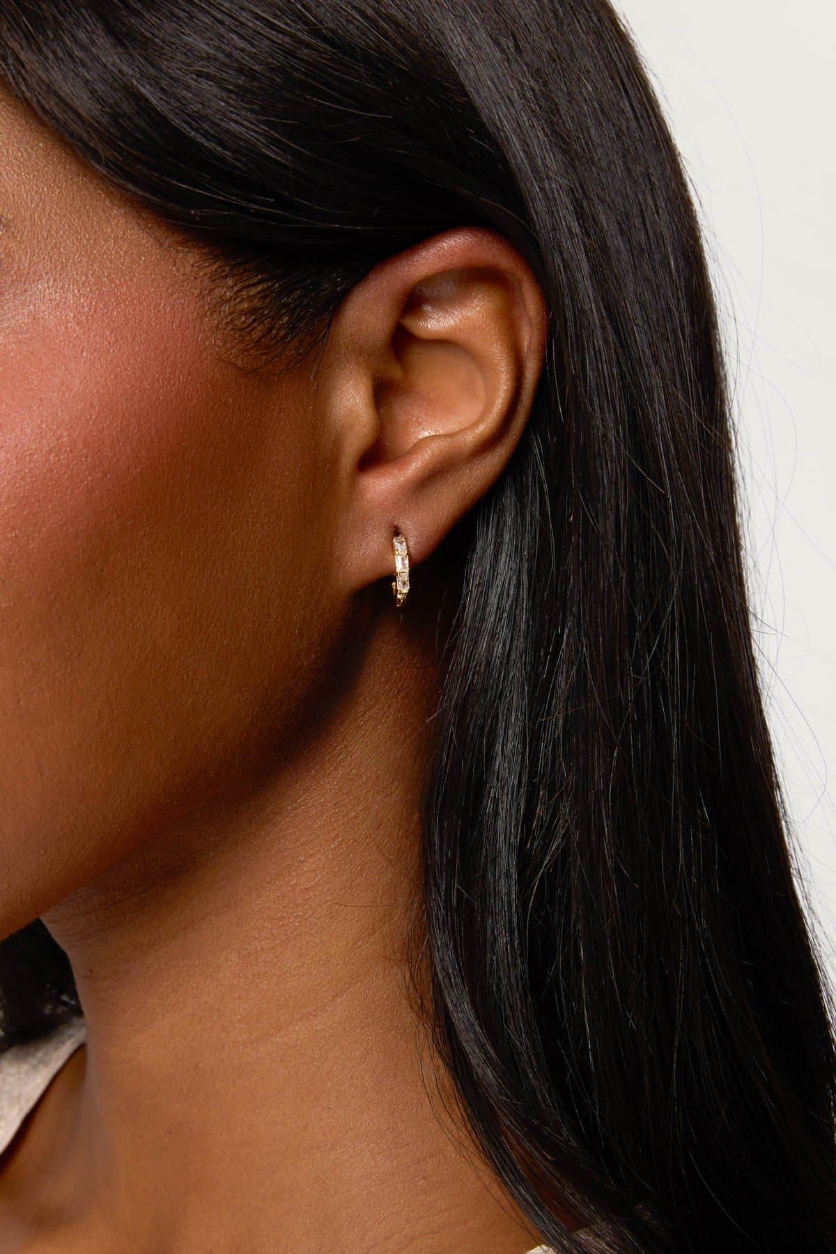 Rhinestone Huggy Hoop Earrings Gold Tone Metal 0.5 Inch Length