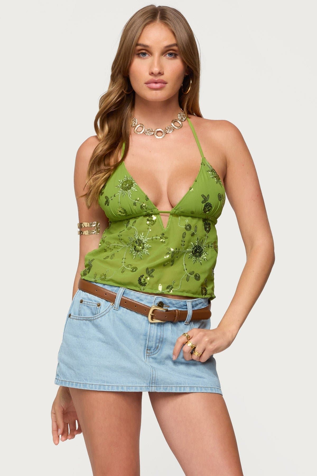 Kiki Sequin Floral Chiffon Halter Top - Plunging V-Neck, Polyester Spandex