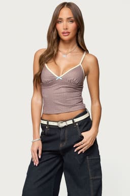 Bettie Contrast Gingham Tank Top - Adjustable Straps, V-Neck, Polyester Spandex