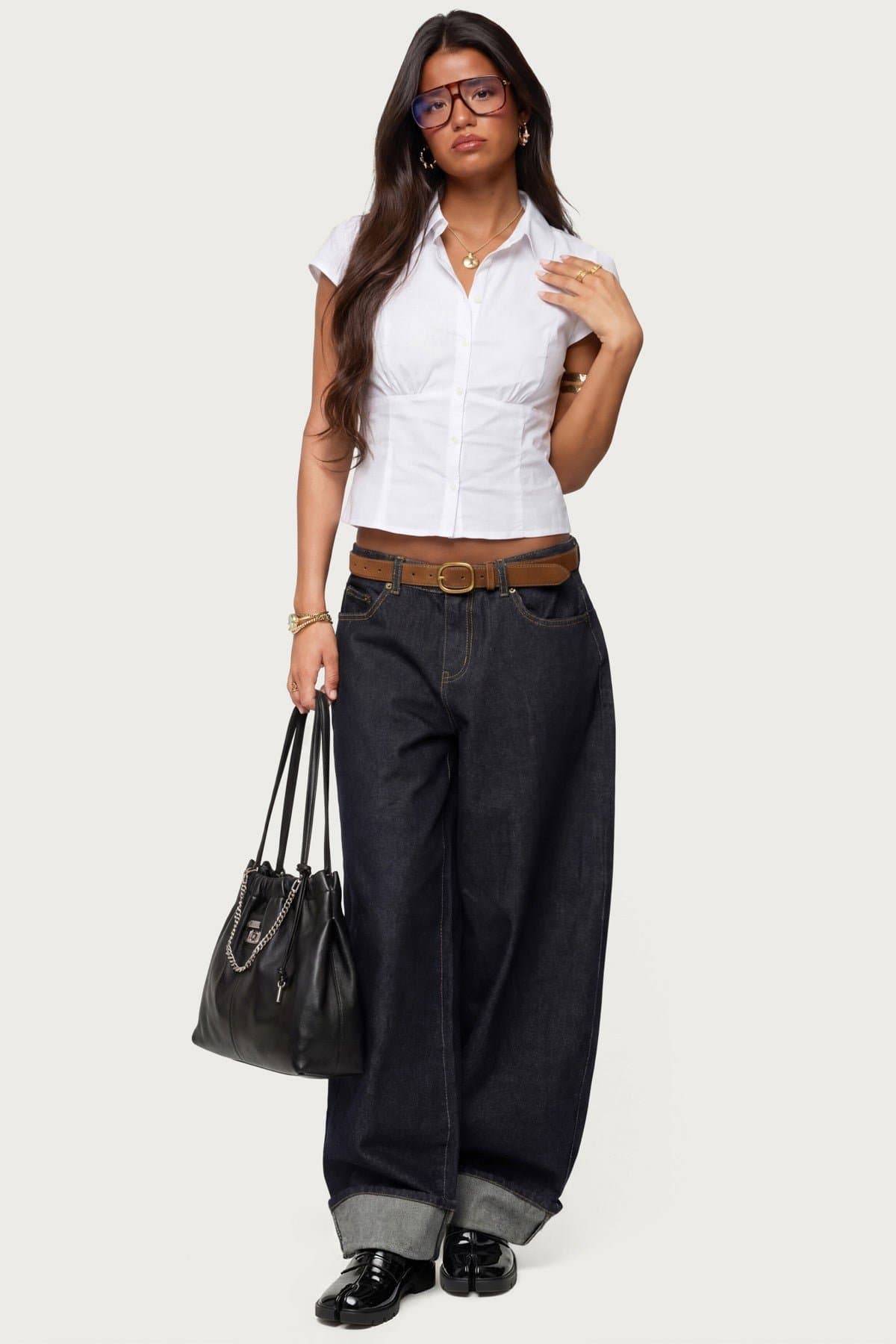 Kella Low Rise Baggy Jeans - Rigid 100% Cotton Denim with Cuffed Hem Size S Inseam 30.5"